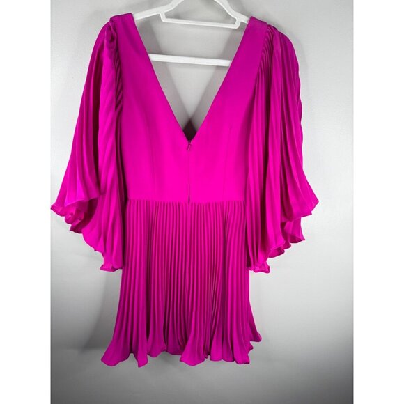 NWT Monique Lhuillier Pleated Crepe Magenta Mini Dress Size 4 Plunge V-neck - Picture 4 of 7